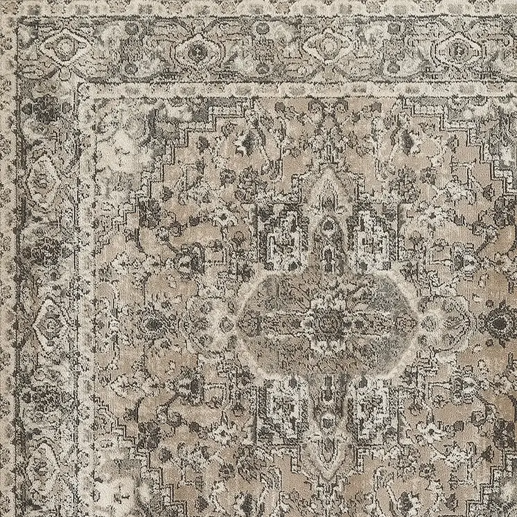 4' Beige and Gray Square Medallion Power Loom Distressed Area Rug