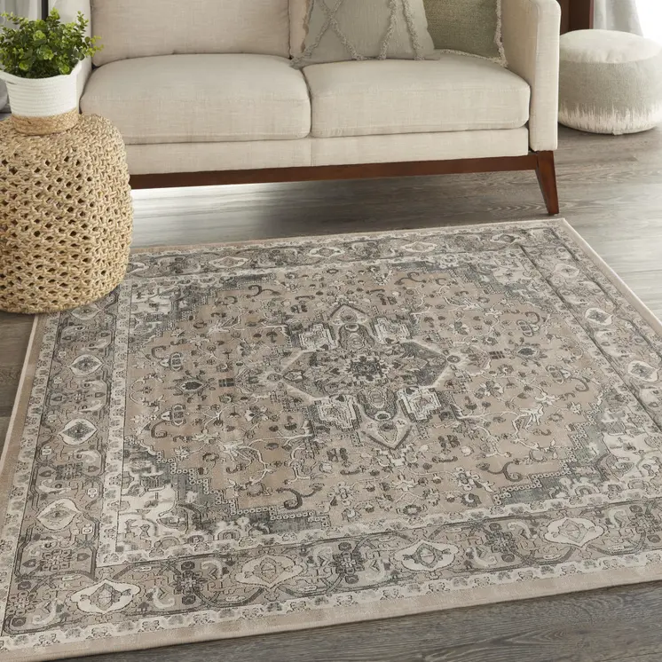 4' Beige and Gray Square Medallion Power Loom Distressed Area Rug