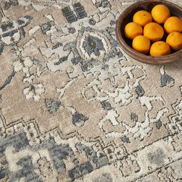 4' Beige and Gray Square Medallion Power Loom Distressed Area Rug