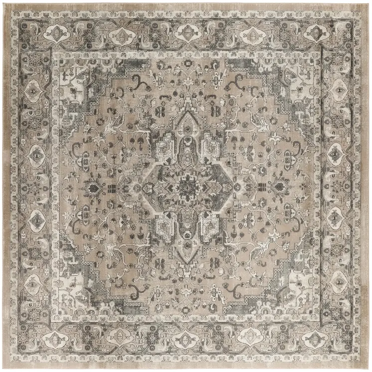 8' Beige and Gray Square Medallion Power Loom Distressed Area Rug