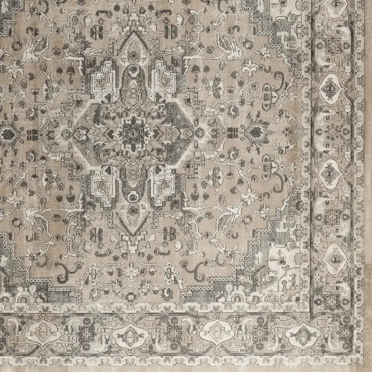 8' Beige and Gray Square Medallion Power Loom Distressed Area Rug