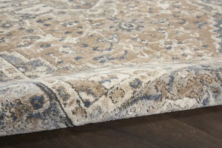 8' Beige and Gray Square Medallion Power Loom Distressed Area Rug