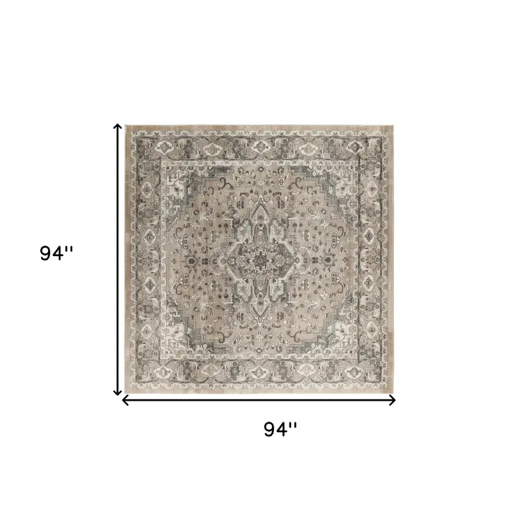 8' Beige and Gray Square Medallion Power Loom Distressed Area Rug