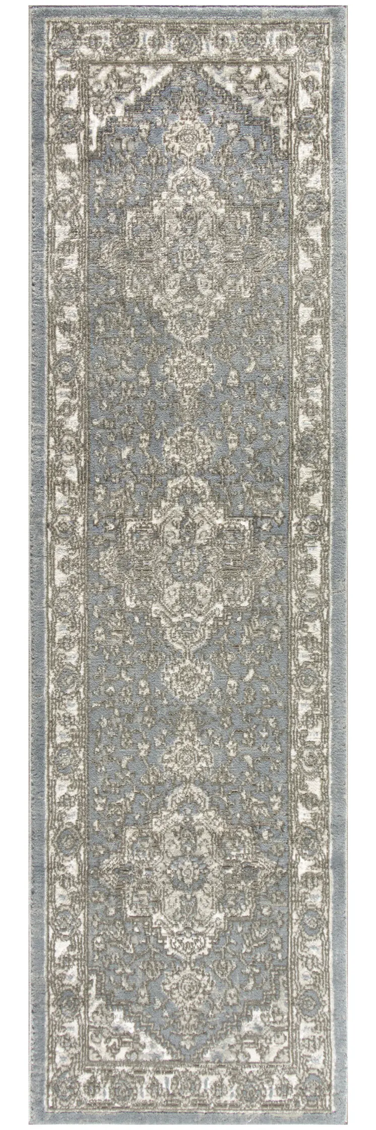 8' Blue And Ivory Medallion Distressed Runner Rug