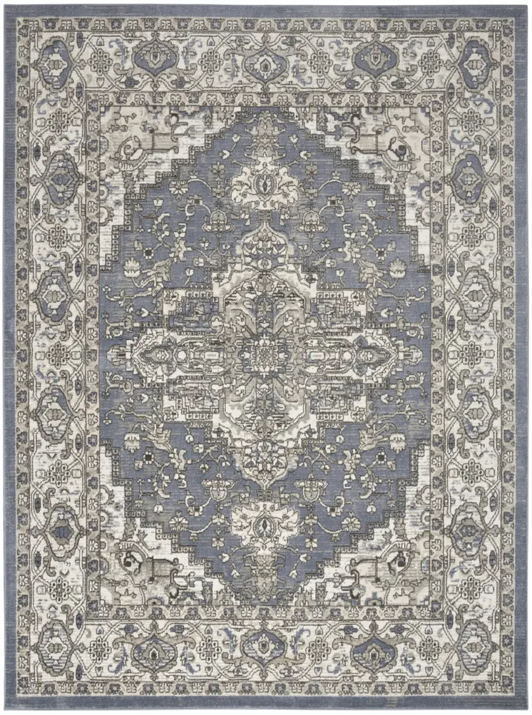 8' X 10' Blue and Ivory Medallion Power Loom Distressed Area Rug