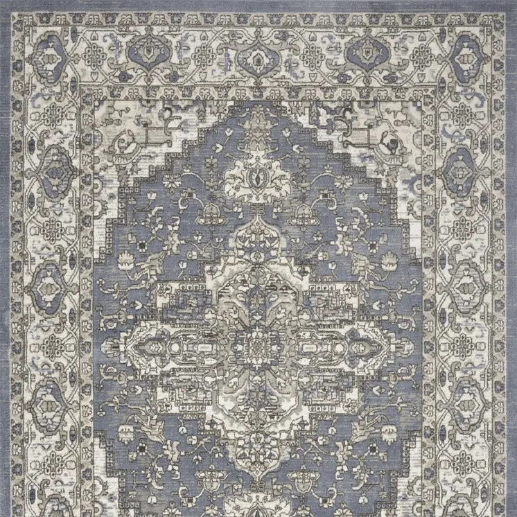 8' X 10' Blue and Ivory Medallion Power Loom Distressed Area Rug