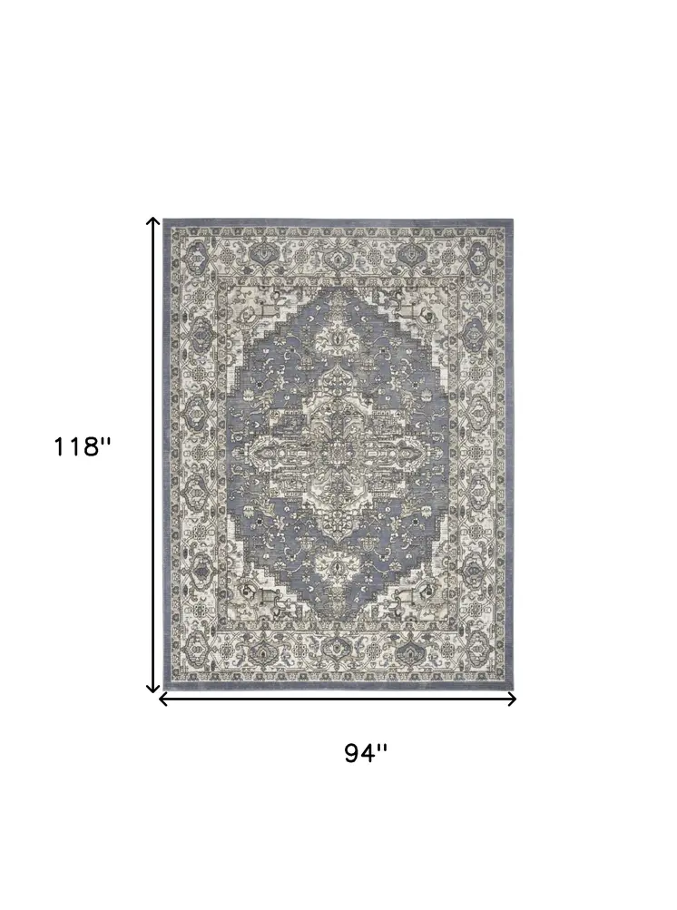 8' X 10' Blue and Ivory Medallion Power Loom Distressed Area Rug