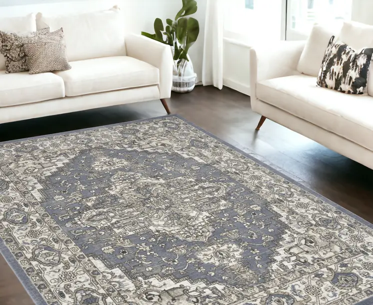8' X 10' Blue and Ivory Medallion Power Loom Distressed Area Rug