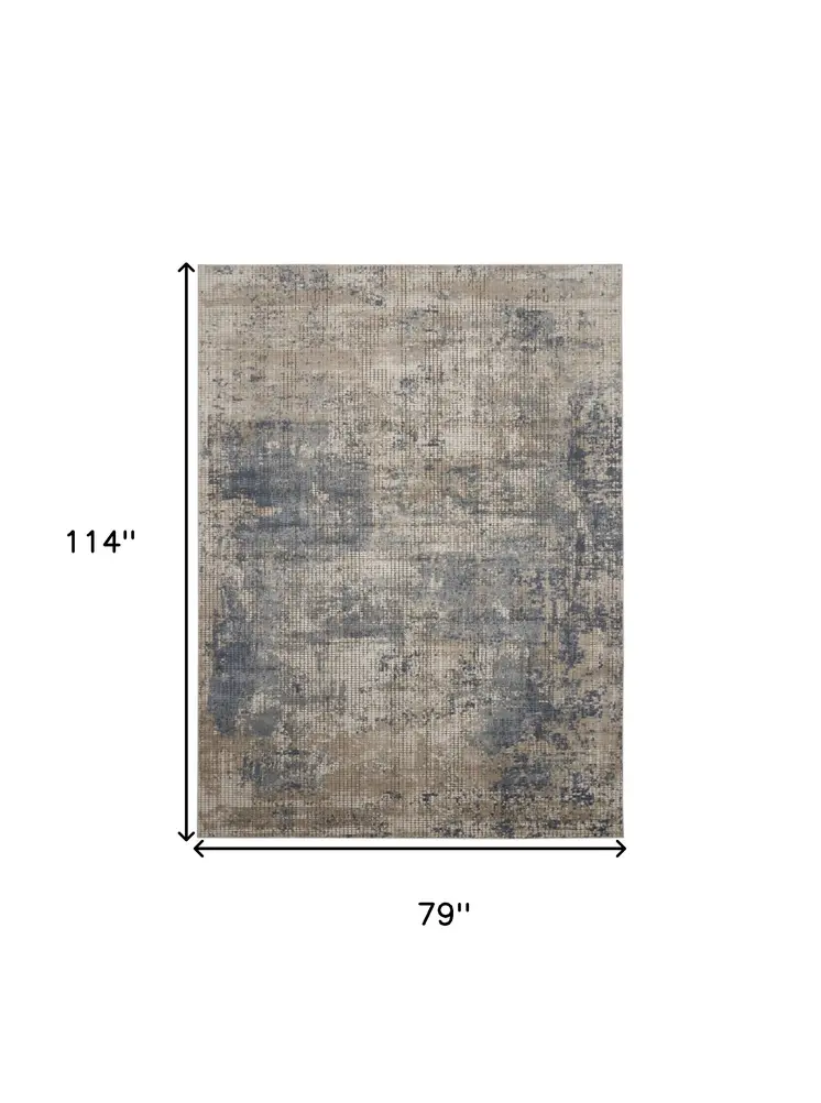 7' X 10' Beige and Blue Abstract Power Loom Distressed Area Rug