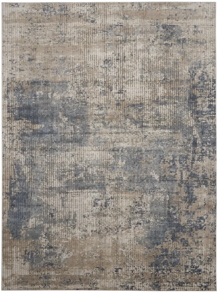8' X 10' Beige and Blue Abstract Power Loom Distressed Area Rug