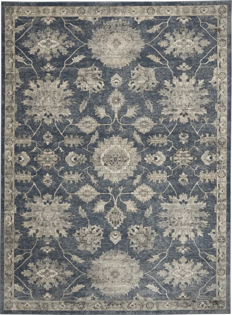 7' X 10' Beige and Blue Floral Medallion Power Loom Area Rug