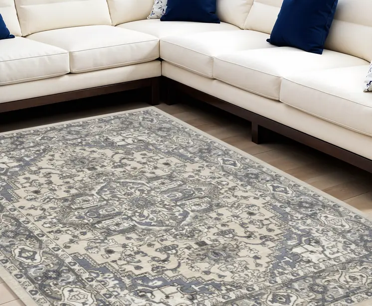 8' X 10' Blue and Ivory Medallion Power Loom Distressed Area Rug