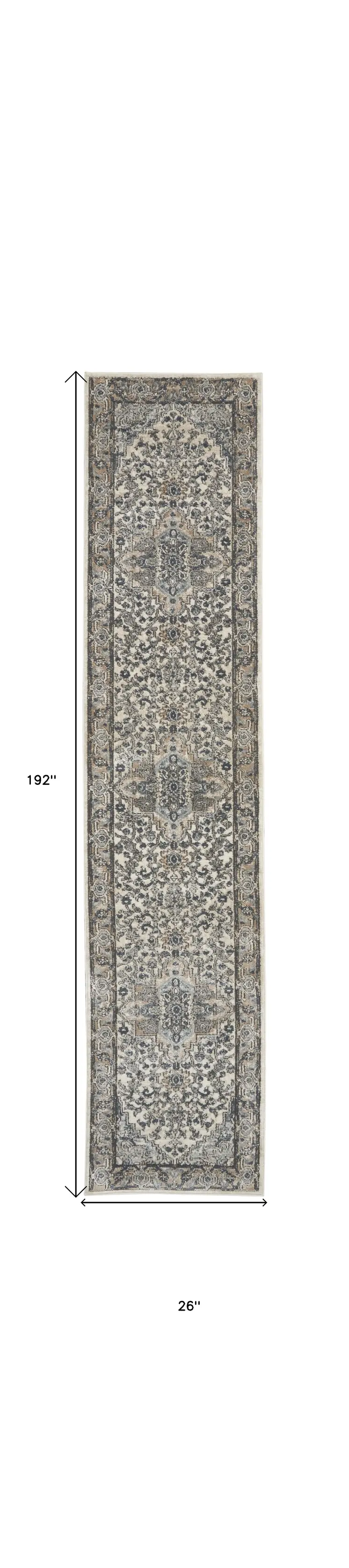 16' Gray And Ivory Medallion Distressed Runner Rug