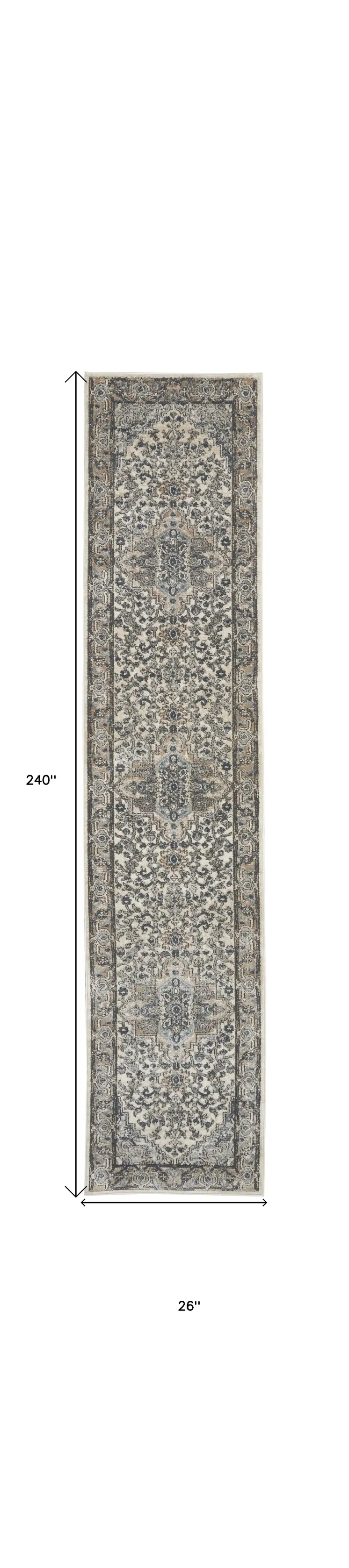 20' Gray And Ivory Medallion Distressed Runner Rug
