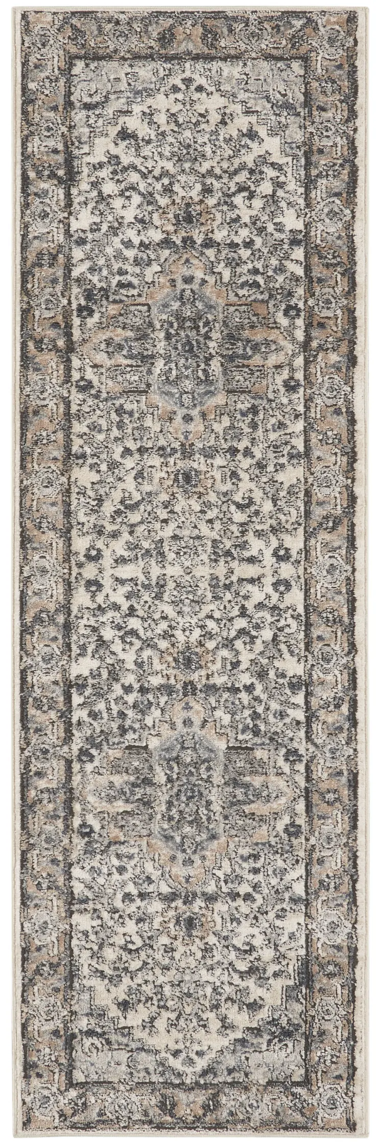 6' Gray And Ivory Medallion Distressed Runner Rug