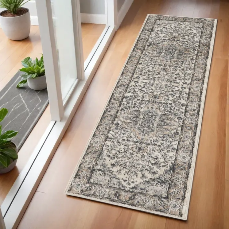 6' Gray And Ivory Medallion Distressed Runner Rug