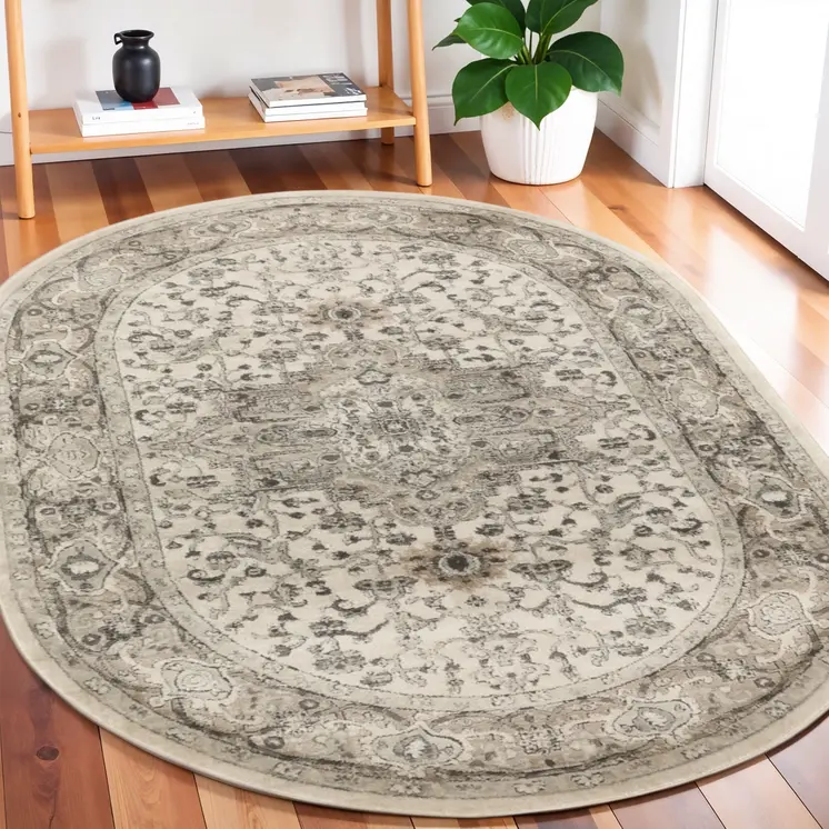 5' X 8' Gray and Ivory Medallion Power Loom Distressed Area Rug