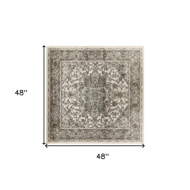 4' Gray and Ivory Square Medallion Power Loom Distressed Area Rug