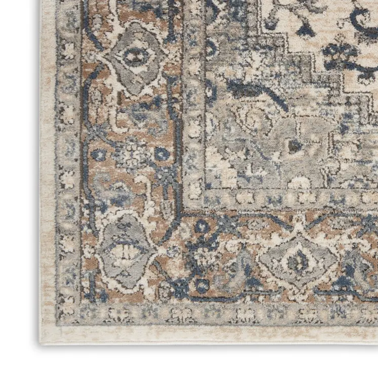 5' Gray and Ivory Square Medallion Power Loom Distressed Area Rug
