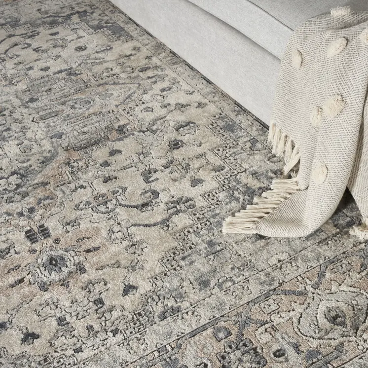 5' Gray and Ivory Square Medallion Power Loom Distressed Area Rug