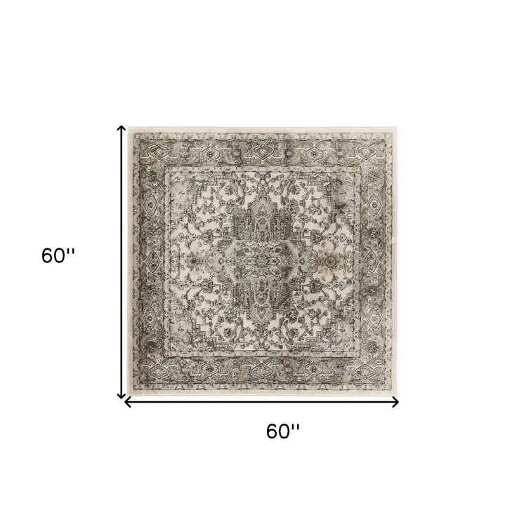 5' Gray and Ivory Square Medallion Power Loom Distressed Area Rug
