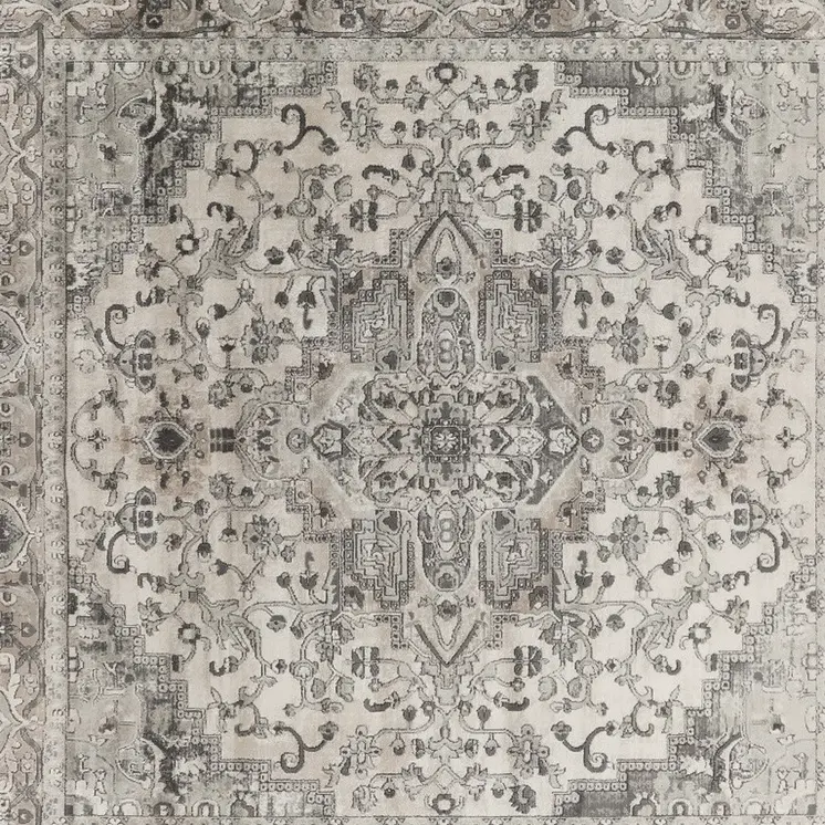8' Gray and Ivory Square Medallion Power Loom Distressed Area Rug