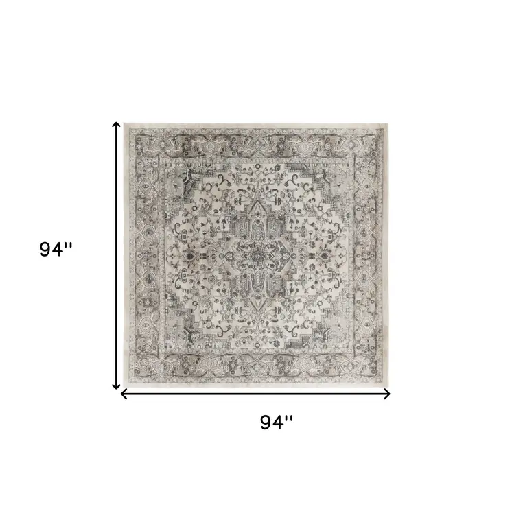 8' Gray and Ivory Square Medallion Power Loom Distressed Area Rug