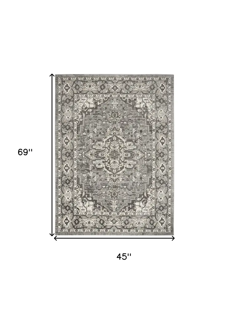 4' X 6' Gray and Ivory Medallion Power Loom Distressed Area Rug