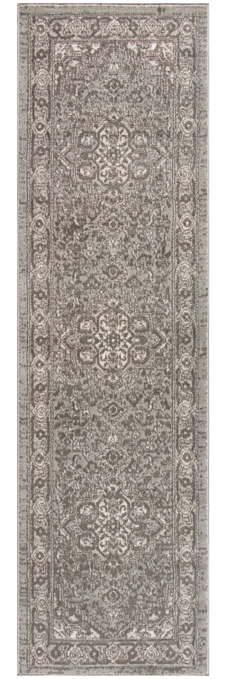 8' Gray And Ivory Medallion Distressed Runner Rug