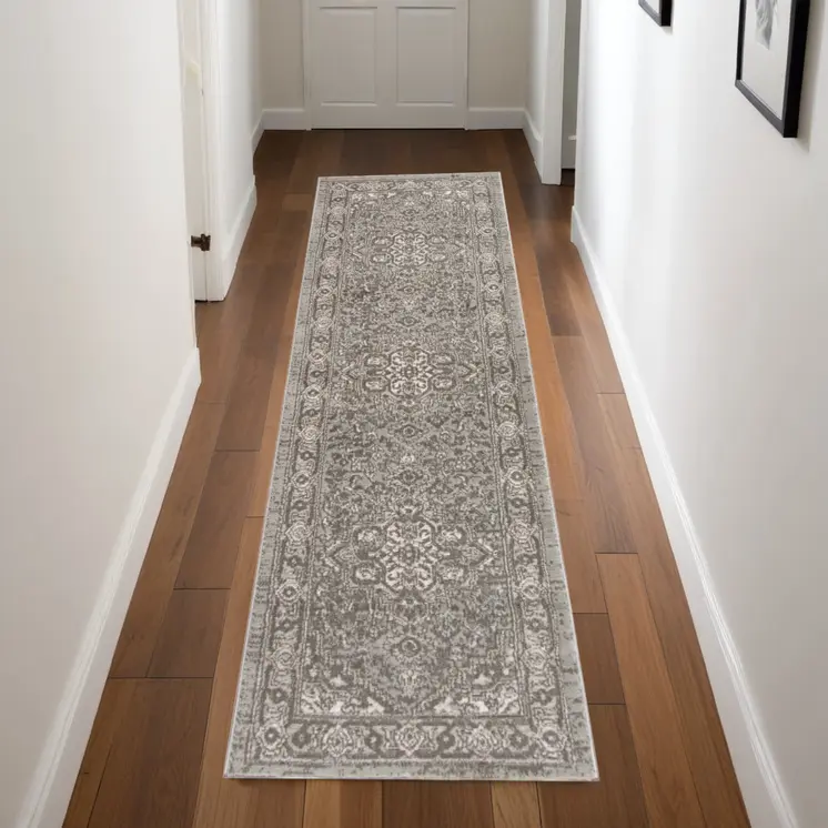 8' Gray And Ivory Medallion Distressed Runner Rug