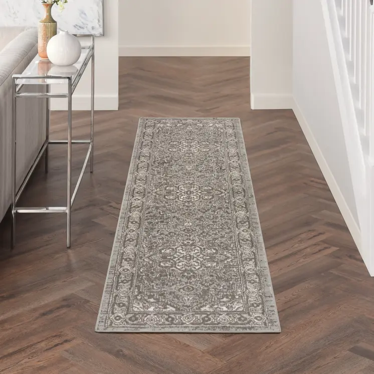 8' Gray And Ivory Medallion Distressed Runner Rug