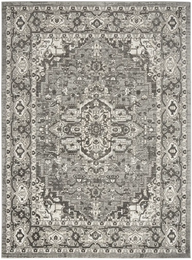 5' X 7' Gray and Ivory Medallion Power Loom Distressed Area Rug