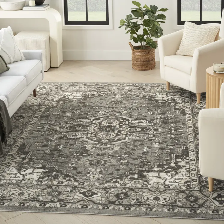 5' X 7' Gray and Ivory Medallion Power Loom Distressed Area Rug