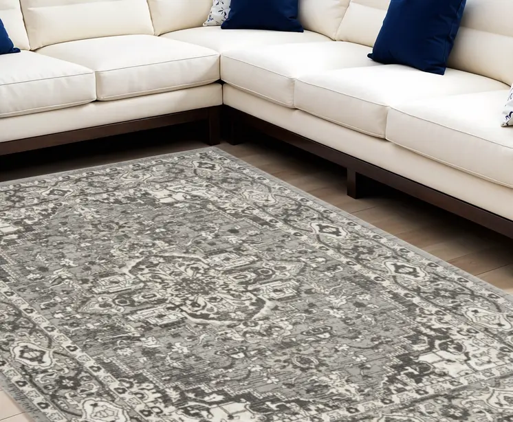 8' X 10' Gray and Ivory Medallion Power Loom Distressed Area Rug