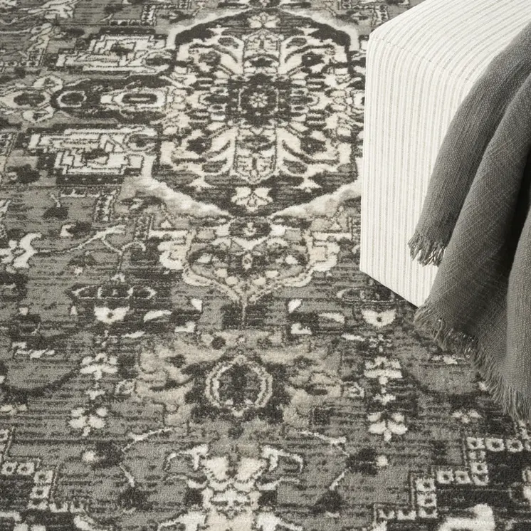 8' X 10' Gray and Ivory Medallion Power Loom Distressed Area Rug