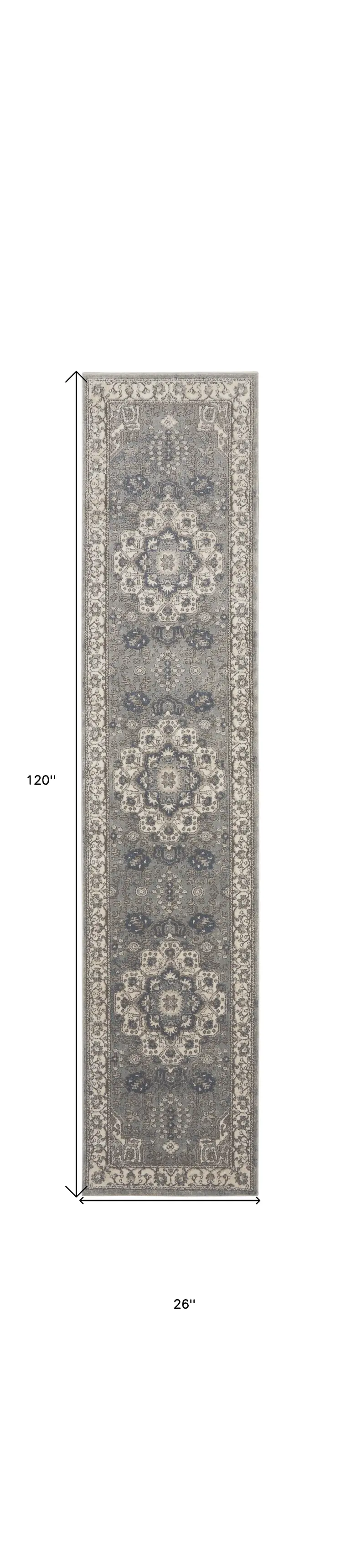 10' Beige Ivory And Gray Medallion Runner Rug