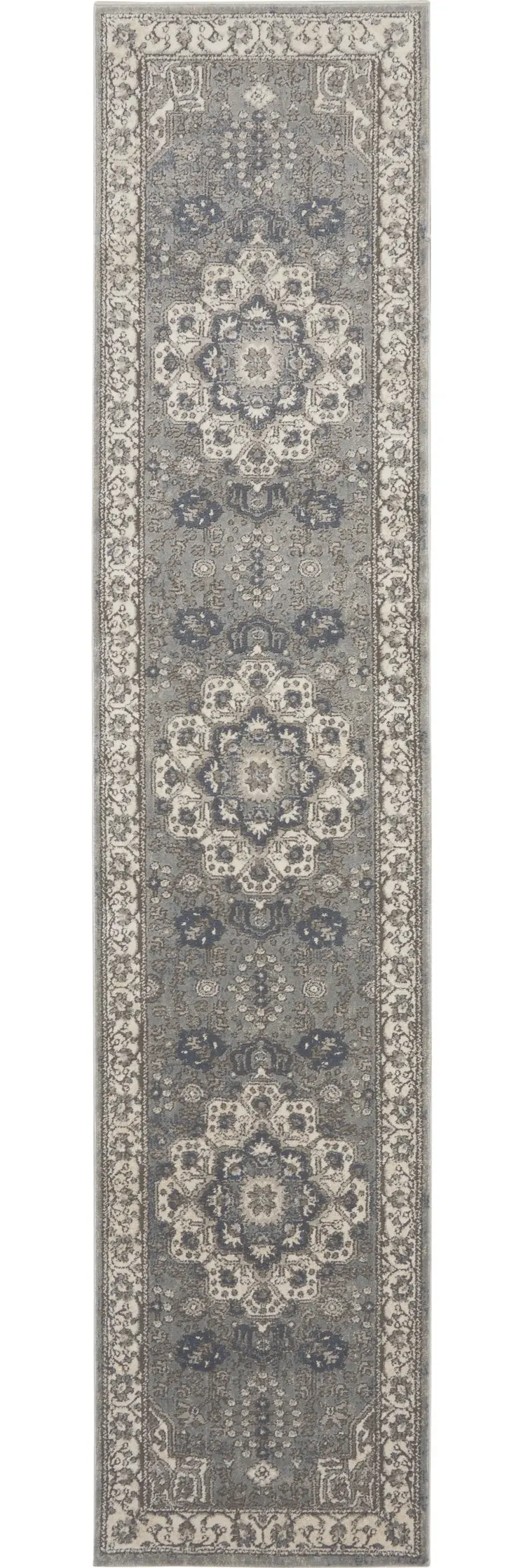10' Beige Ivory And Gray Medallion Runner Rug