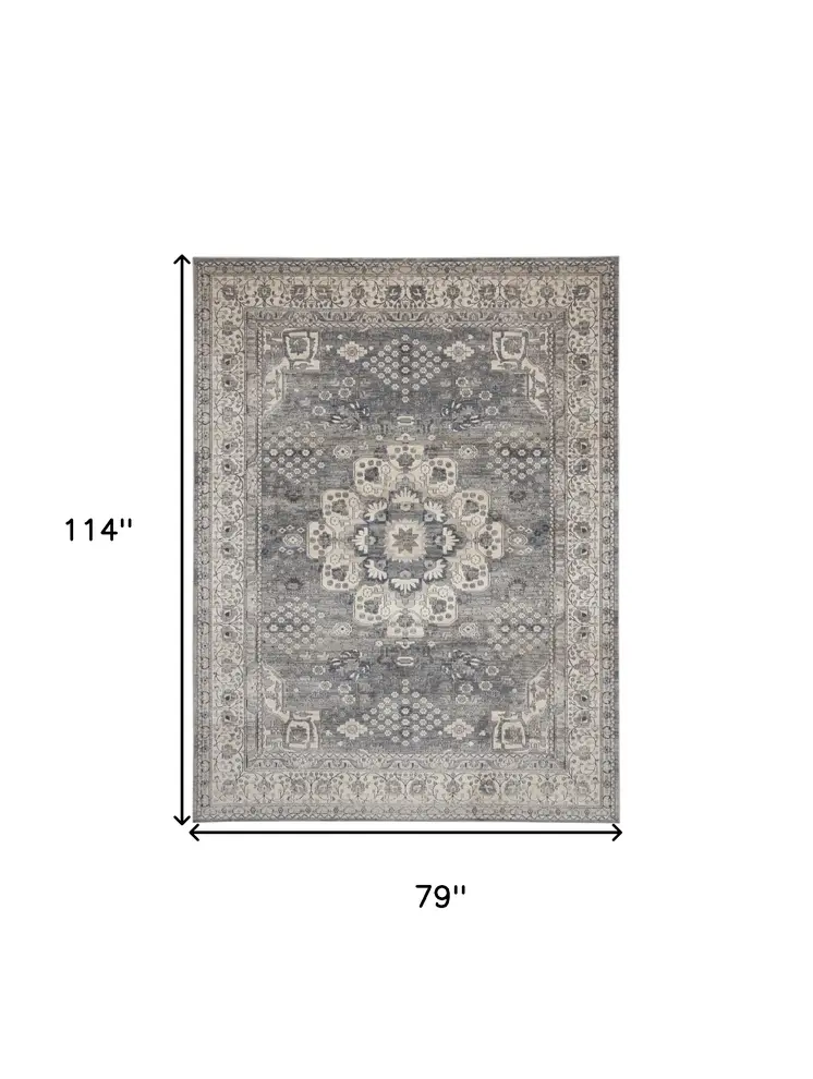 7' X 10' Gray and Ivory Medallion Power Loom Area Rug