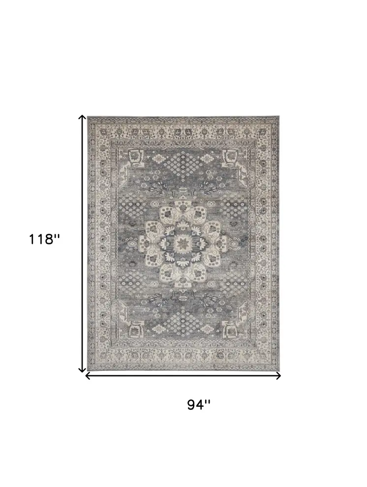 8' X 10' Gray and Ivory Medallion Power Loom Area Rug