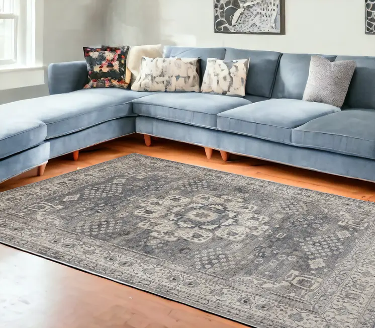 8' X 10' Gray and Ivory Medallion Power Loom Area Rug