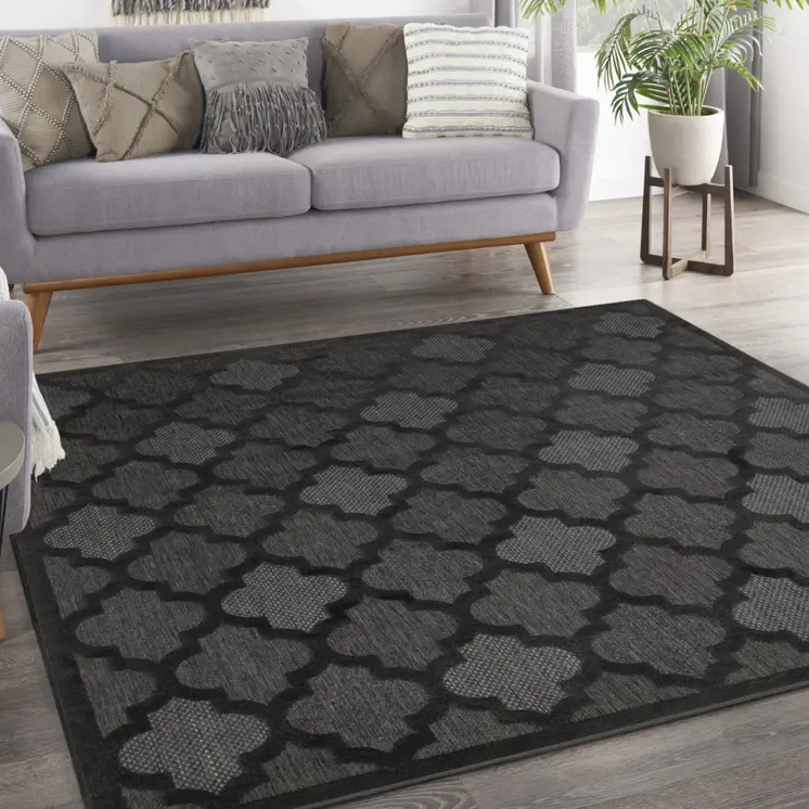 9' Charcoal And Black Square Trellis Indoor Outdoor Area Rug