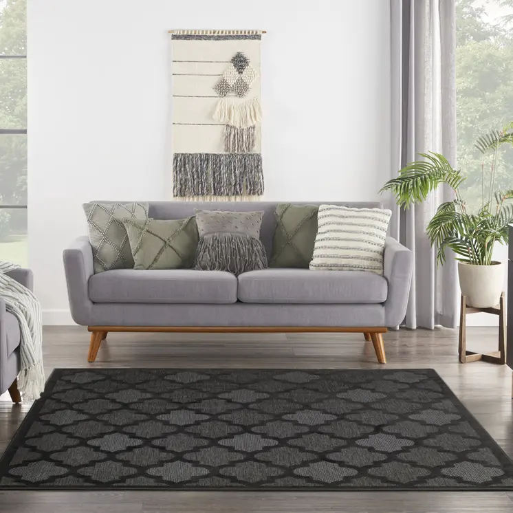 9' Charcoal And Black Square Trellis Indoor Outdoor Area Rug