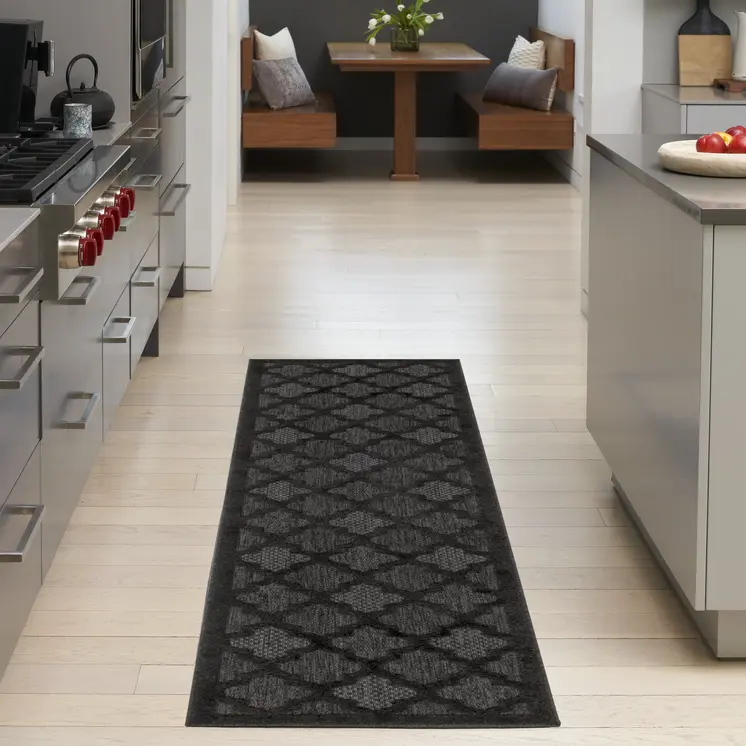 10' Charcoal And Black Trellis Indoor Outdoor Runner Rug
