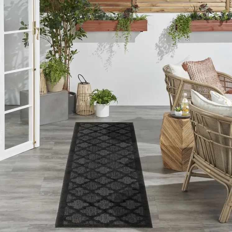 10' Charcoal And Black Trellis Indoor Outdoor Runner Rug