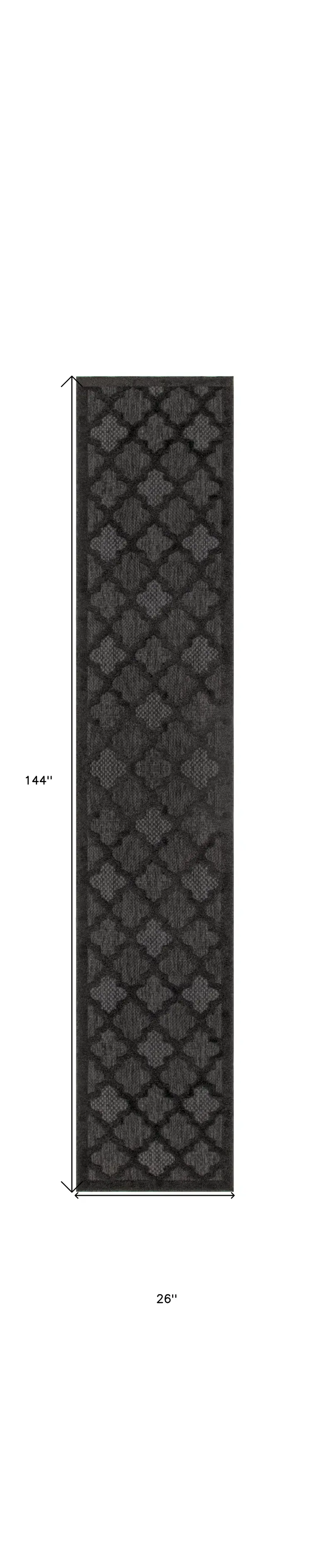 12' Charcoal And Black Trellis Indoor Outdoor Runner Rug