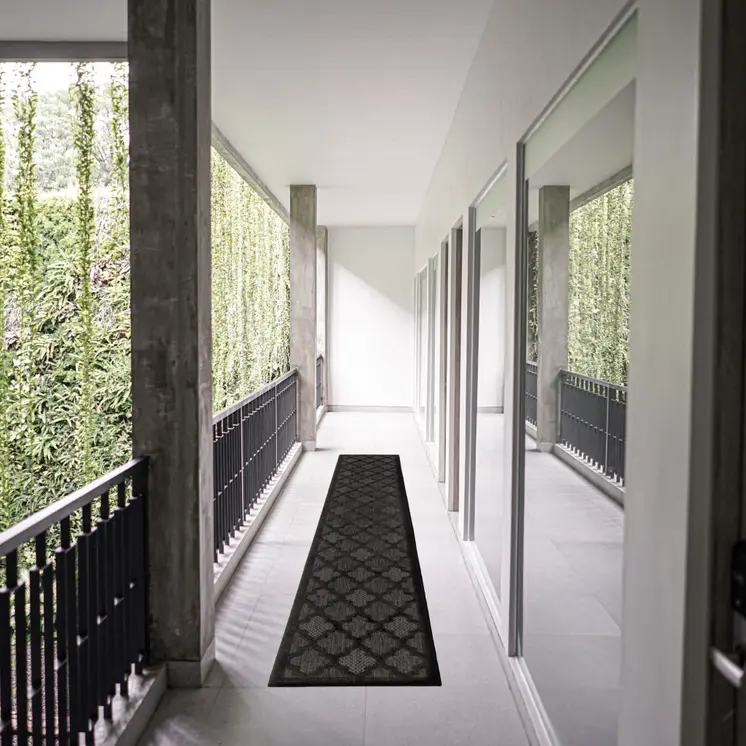 20' Charcoal And Black Trellis Indoor Outdoor Runner Rug