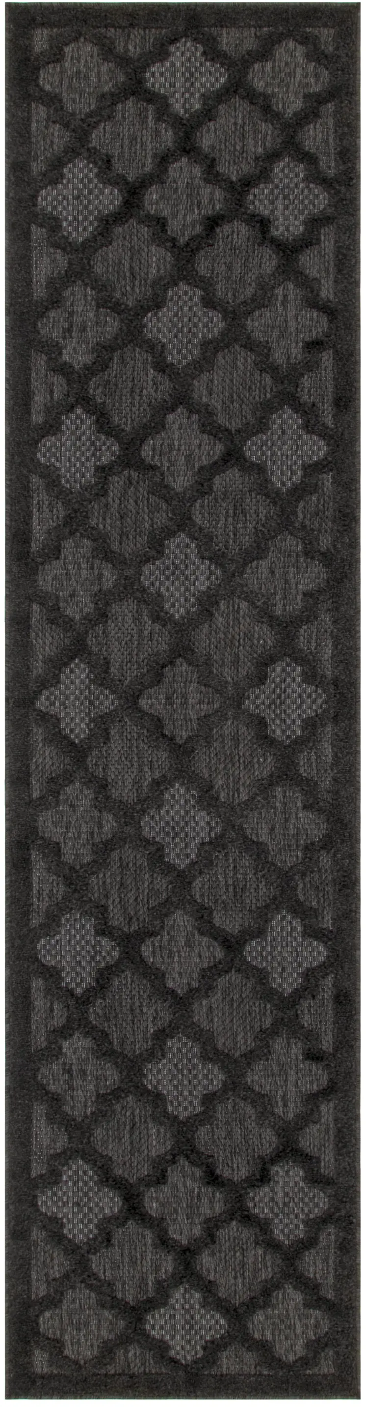 8' Charcoal And Black Trellis Indoor Outdoor Runner Rug