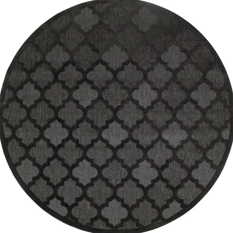 8' Charcoal And Black Round Trellis Indoor Outdoor Area Rug