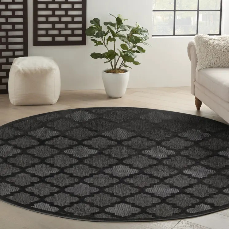 8' Charcoal And Black Round Trellis Indoor Outdoor Area Rug