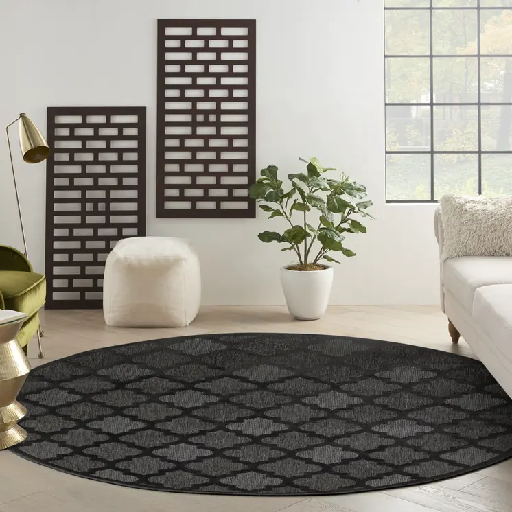 8' Charcoal And Black Round Trellis Indoor Outdoor Area Rug
